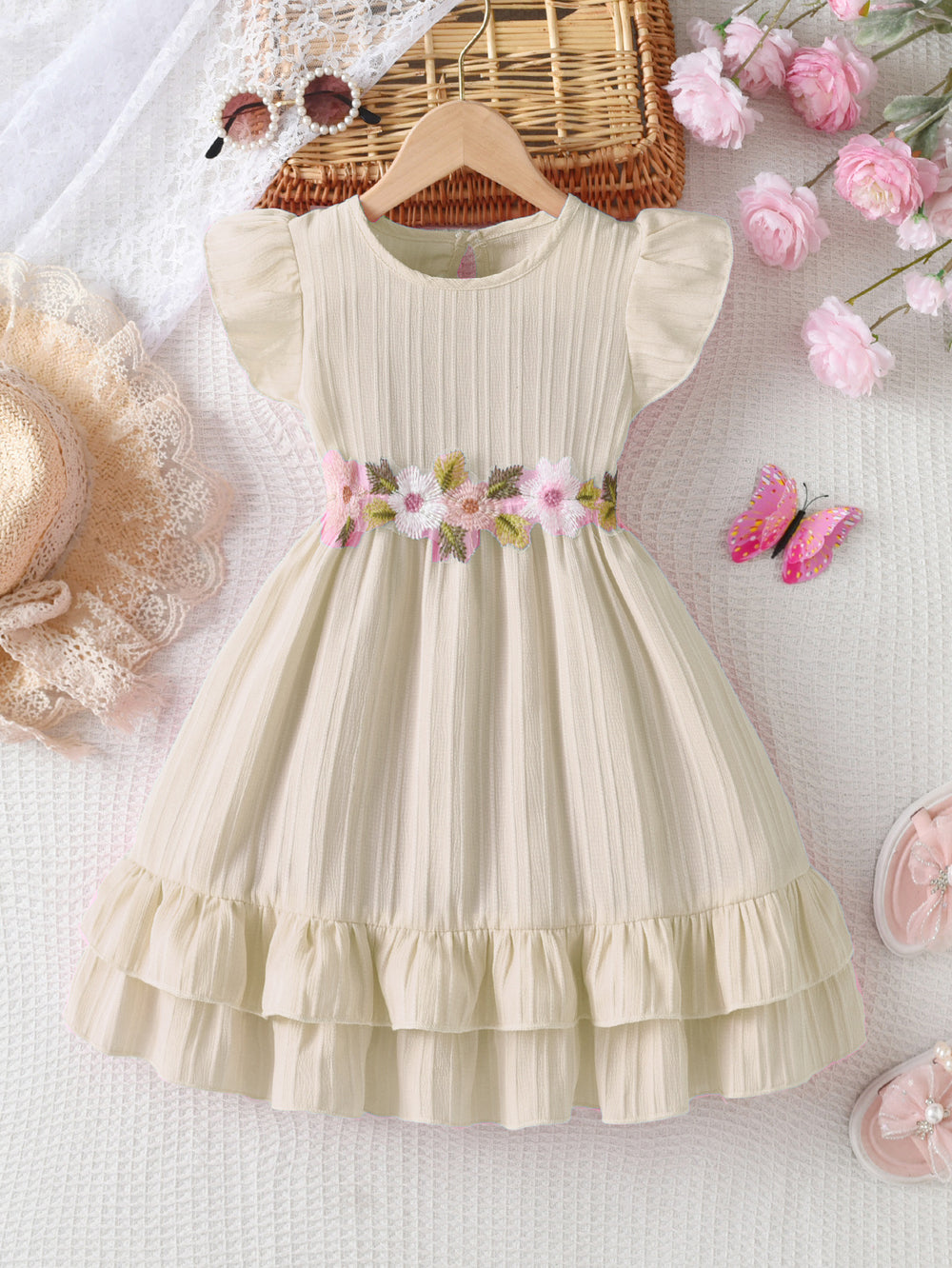 Girls' summer pink dress for export: flutter sleeves, ruffle trim, floral embroidery, belted waist, double-layered skirt, princess style
