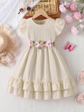Girls' summer pink dress for export: flutter sleeves, ruffle trim, floral embroidery, belted waist, double-layered skirt, princess style