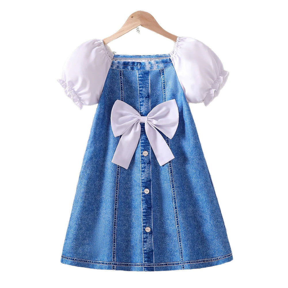 Girls' patchwork bubble sleeve faux denim dress - summer kids' a-line princess dress with large bow at chest and square neck