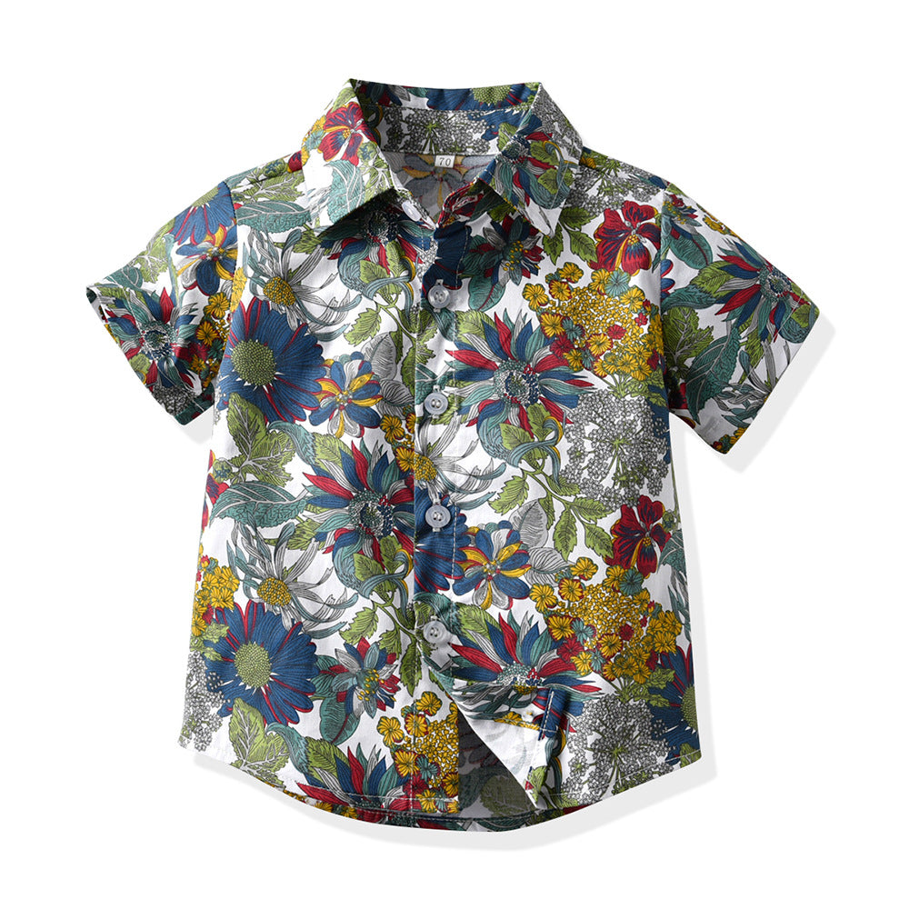 European and american cross-border children's clothing: dad & son vacation outfit, family matching beach style short-sleeve boy's floral shirt