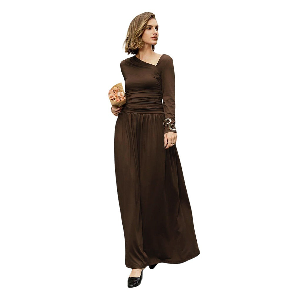 European and american high-end commute style deep brown one-shoulder neckline asymmetrical pleated waist design drapey long dress for women