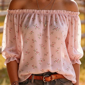 european and american cross-border floral off-the-shoulder plus size top - puff sleeve, cold shoulder, soft & gentle style summer foreign trade women's clothing