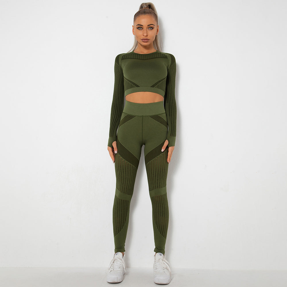 In stock! fashion seamless cut out moisture-absorbent yoga long sleevessuit yoga clothes sports fitness running yoga pants for women
