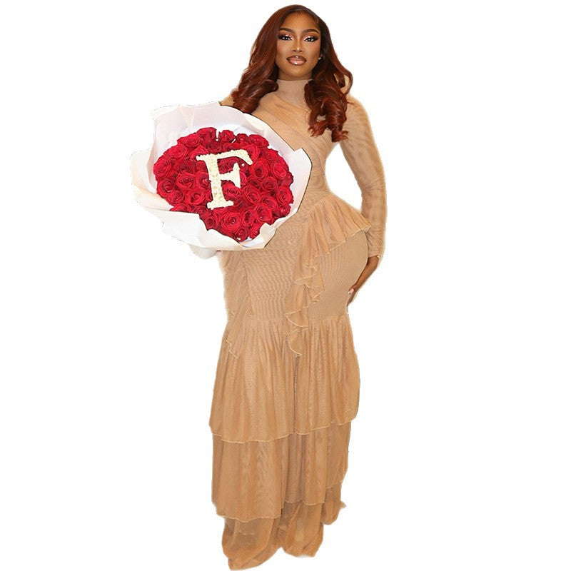 European and American  women's clothing 2025 autumn new fashionable semi-turtleneck waist hip-wrapped solid color dress splicing dress