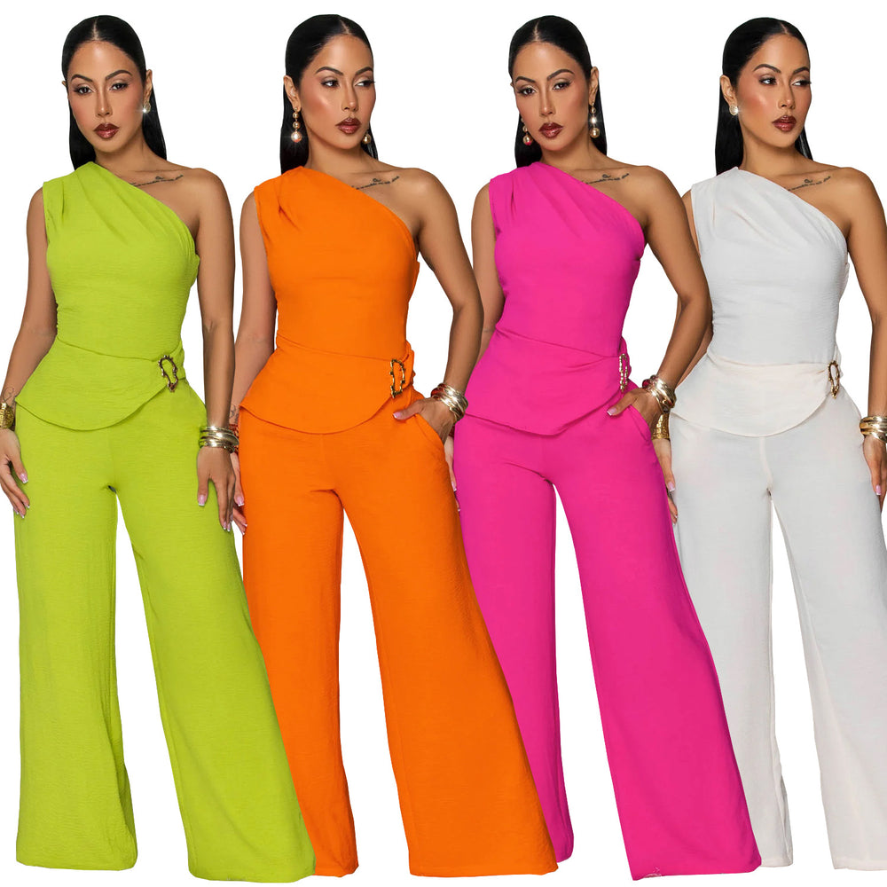 C7736 cross-border    new women's casual solid color one-shoulder top and pants two-piece set