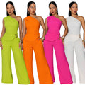 C7736 cross-border    new women's casual solid color one-shoulder top and pants two-piece set