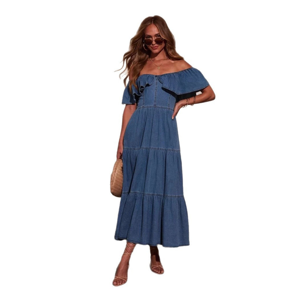Amazon cross-border e-commerce summer hot girl retro sexy v-neck denim backless cinched waist slimming maxi dress