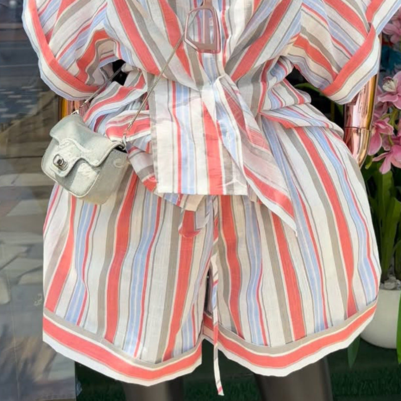 European and american cross-border women's fashion:  spring new arrival - stylish notch lapel striped short-sleeve shirt and tie-waist wide-leg shorts set