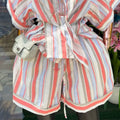 European and american cross-border women's fashion:  spring new arrival - stylish notch lapel striped short-sleeve shirt and tie-waist wide-leg shorts set