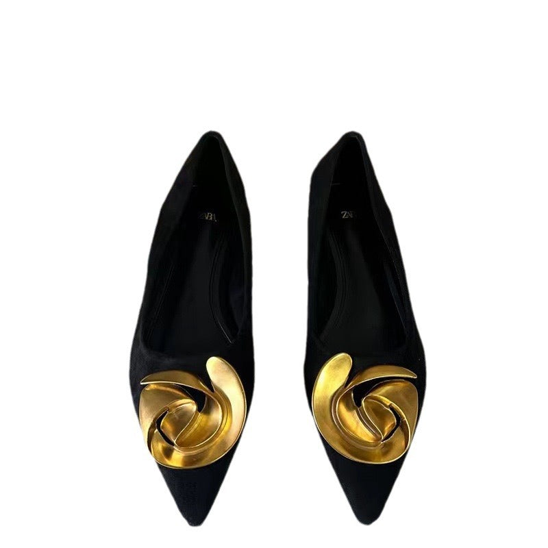Spanish z brand women's shoes 2024 spring new collection black low-cut slip-on pointed-toe metal flower flat loafers