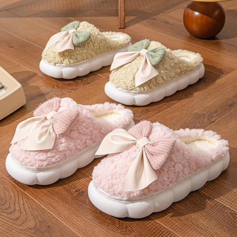 Sweet bowknot home cotton slippers women's autumn winter fleece-lined cotton slippers women's slippers men's closed-toe slippers postpartum shoes women
