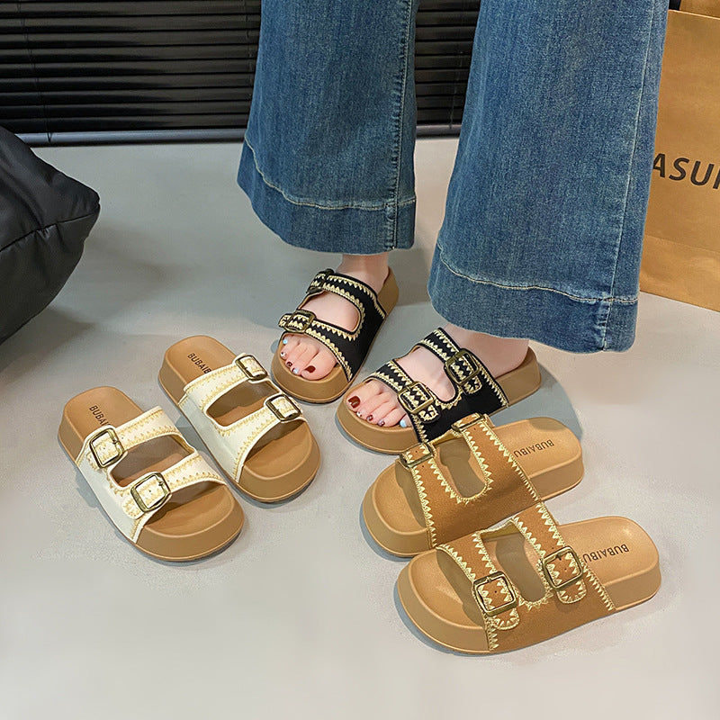 Thick sole heightened slippers women's slippers summer new arrival one-leg retro buckle embroideroutwearfashion birkenstock shoes