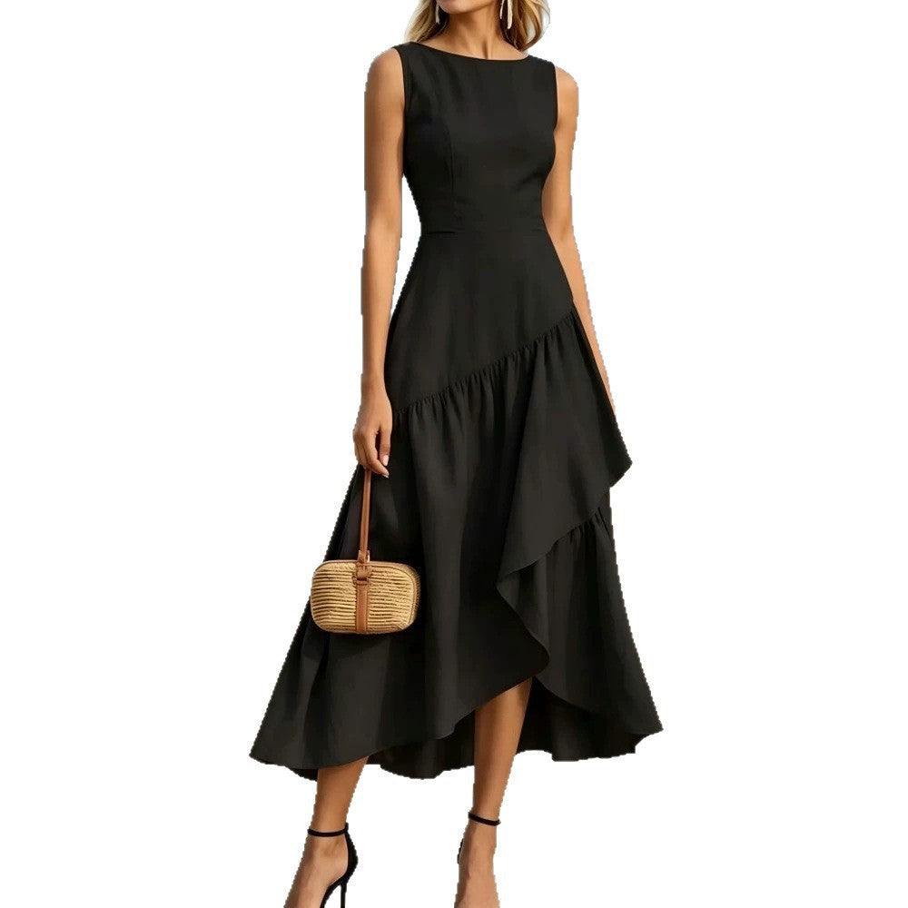 fashion summer vacation style women's new silk mesh patchwork sleeveless straight neck waist longdress