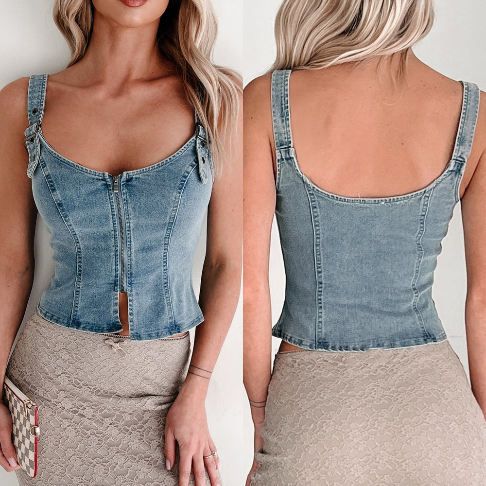 Fashion cross-border women's clothing new arrival  independent station zipper suspender backless slim fit denim sexy vest for women