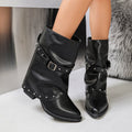 Exportplus size short boots for women  autumn winternew arrivalfashion rivet belt buckle thick heel export trouser boots wholesale