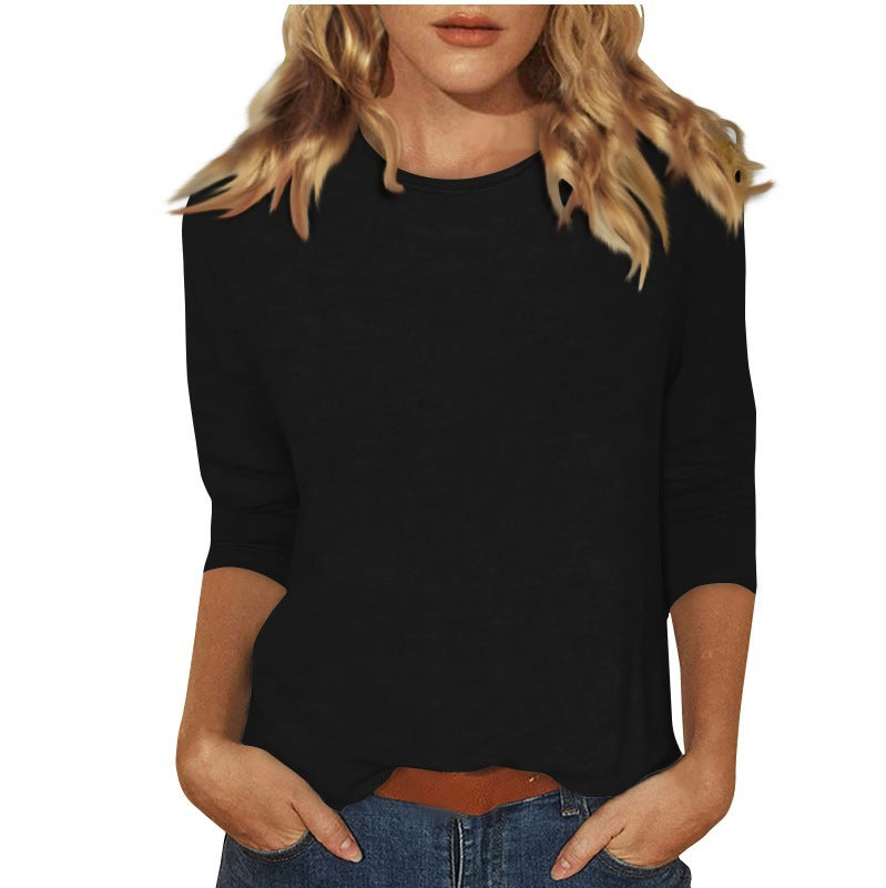 new women's crew neck t-shirt with 3/4 sleeves - solid color top for cross-border  sales