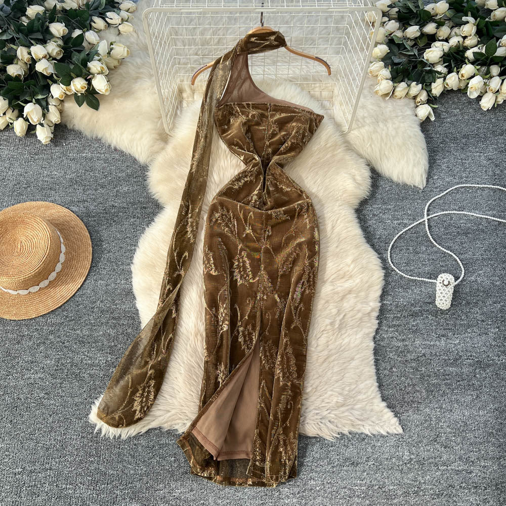 Accessible luxury celebrity classy sense of slope shoulder halter ribbon sleeveless bronzing printing mesh dress waist silm long skirt