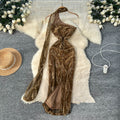 Accessible luxury celebrity classy sense of slope shoulder halter ribbon sleeveless bronzing printing mesh dress waist silm long skirt
