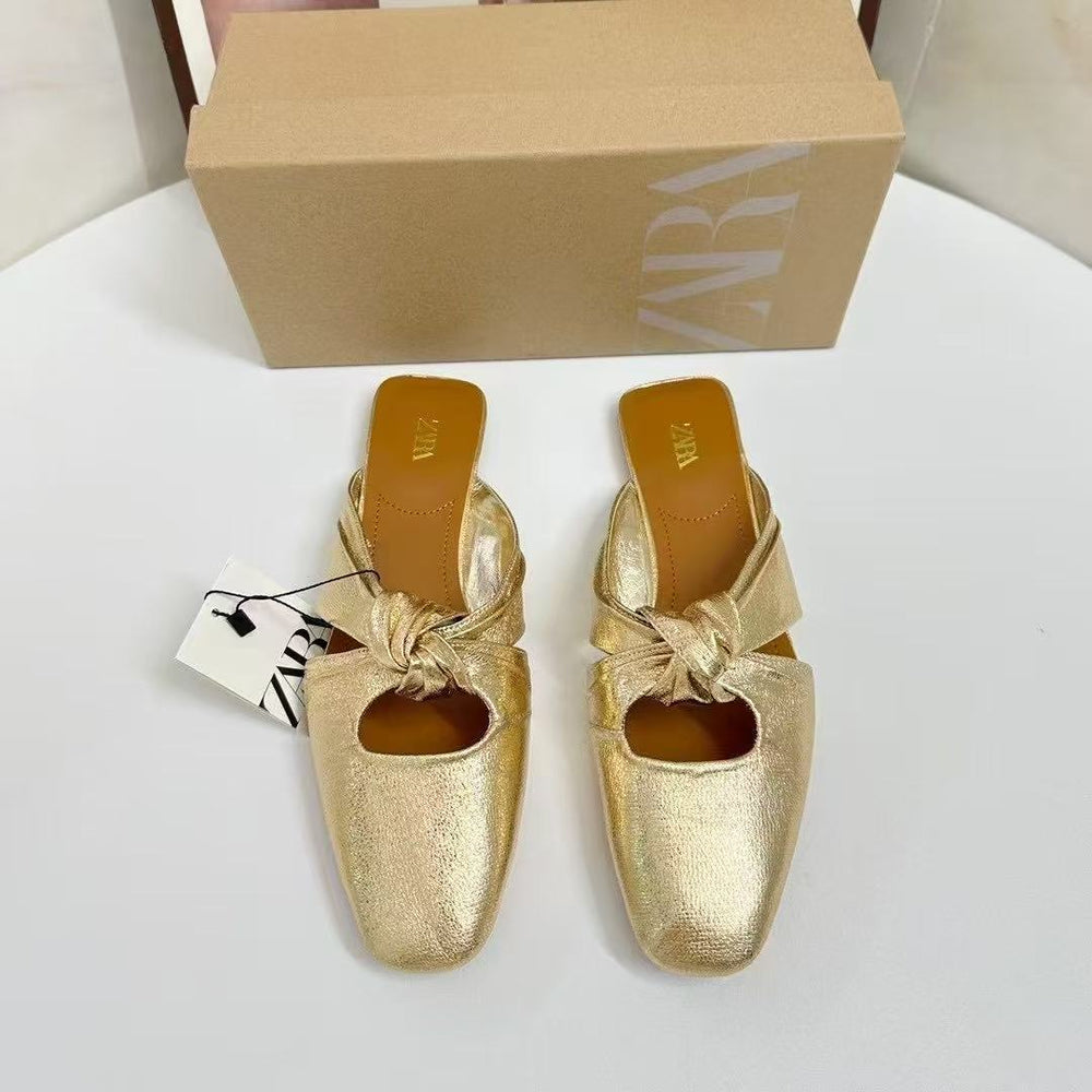 Za women's shoes spain 2025 autumn closed-toe gold knot detail flat backless fashion shoes