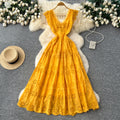 Yellow vacation dress for women,  new arrival: soft & elegant v-neck, cutout embroidery, cinched waist, flowy maxi dress