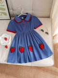 hot-selling girls' preppy-style faux denim strawberry embroidered dress - cross-border exclusive