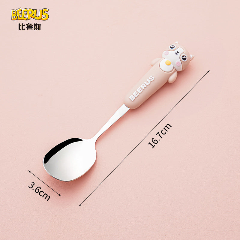 High-quality, adorable cartoon children's cutlery set featuring a cute bear design. includes a fork, spoon, and is perfect for school lunches. made of durable silicone, these portable forks and spoons are available for wholesale