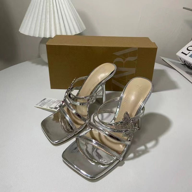 2024za new summer women's high heels - single strap, low-cut, square toe, metal butterfly buckle detail, silver open back sandals