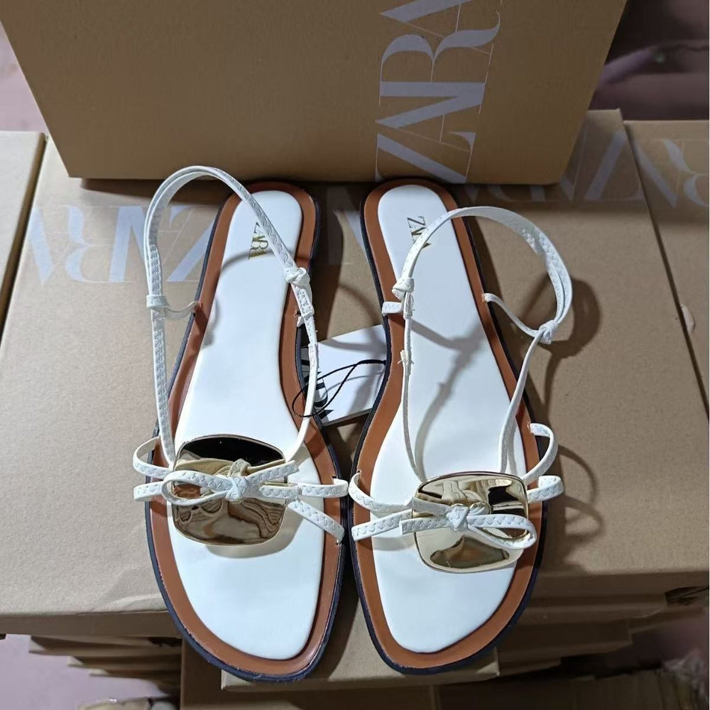 Za women's shoes 2024 summer new arrivals: women's flat sandals with metal buckle embellishments, perfect for the beach