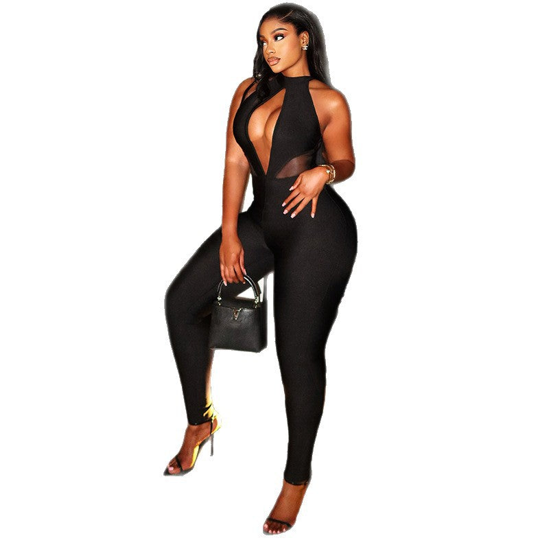 European and american style cross-border women's hollow-out sexy solid color jumpsuit - slim fit, sporty, figure-flattering, backless trendy bodysuit