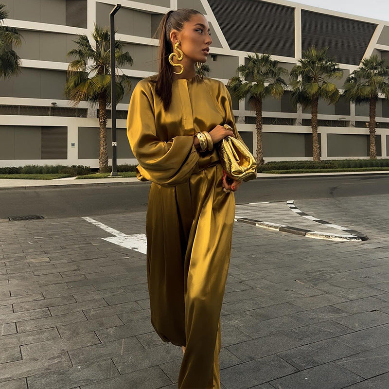 European and american women's clothing  autumn new collection: sweet and fresh round neck lantern sleeve blouse and high-waisted lantern pants two-piece set