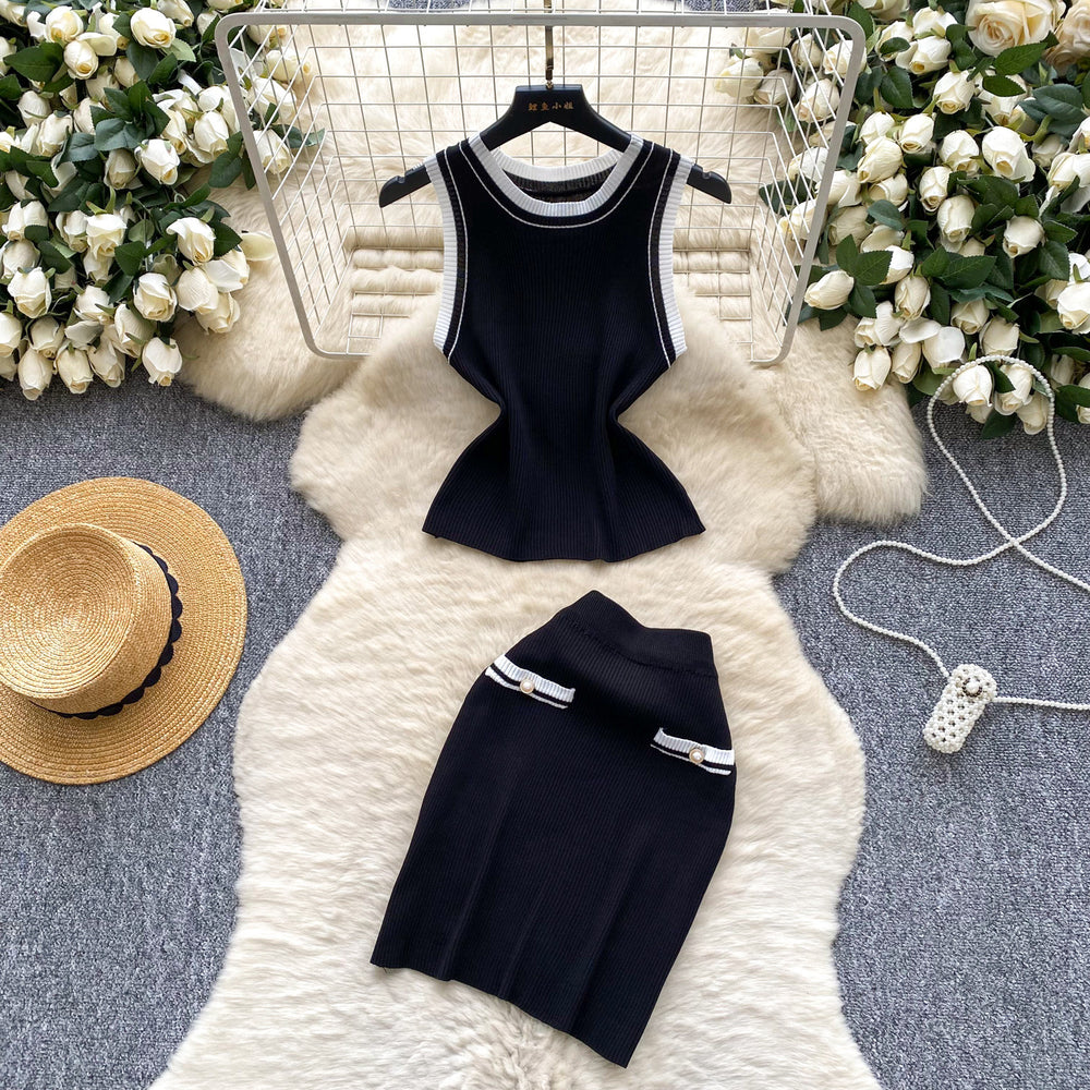 Trendy twee twee style two-piece set for women: autumn fashion color block crew neck sleeveless knit top & bodycon mini skirt