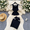 Trendy twee twee style two-piece set for women: autumn fashion color block crew neck sleeveless knit top & bodycon mini skirt