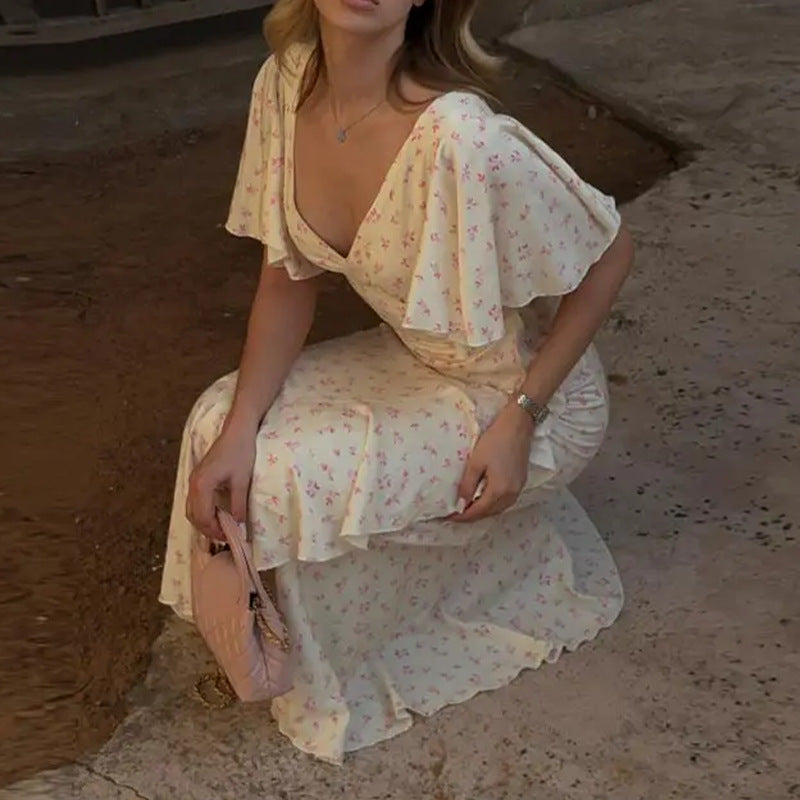 european and american export women's summer new fashion v-neck printed ruffle sleeve cinched waist beach vacation dress