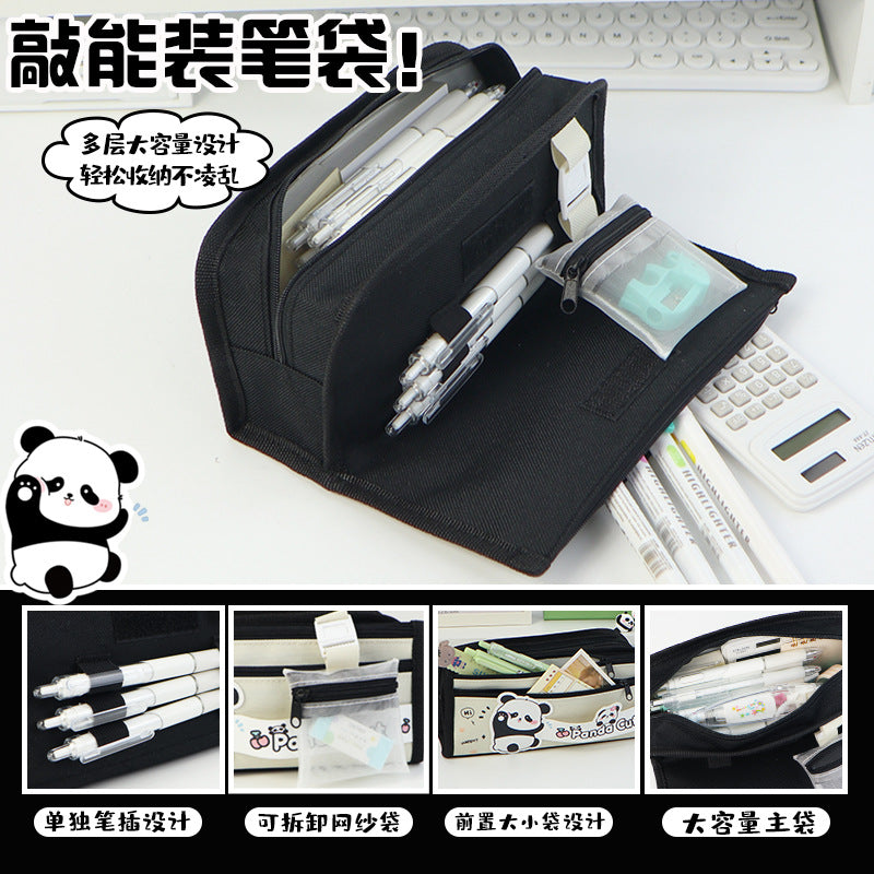 Cross-border panda pencil bag large capacity ins high value cute pencil case multi-layer stationery box primary school students stationery bag