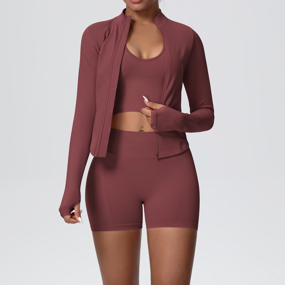seamless pure color high-elastic tight-fitting breathable shortoutwear yoga suit sports running fitness three-piece set