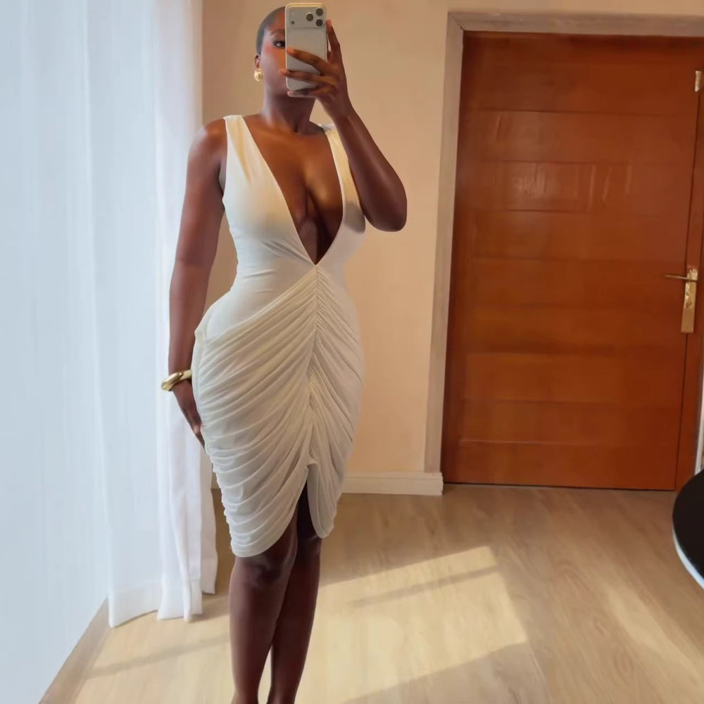 European and american cross-border women's fashion:  summer new arrivals - sexy and elegant deep v-neck sleeveless ruched bodycon mini dress