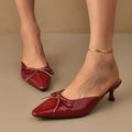Amazon 2025 new bow-tie stiletto heel slippers - plus size, wine red, outdoor wear, retro pointed-toe mules