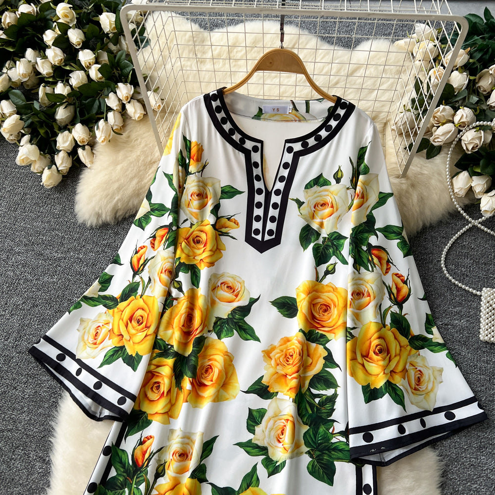 European and american style high-end flared long sleeve dress - women's luxury retro print round neck slit loose elegant maxi dress