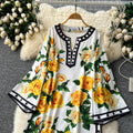 European and american style high-end flared long sleeve dress - women's luxury retro print round neck slit loose elegant maxi dress