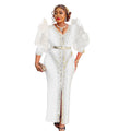African-inspired women's slim-fit, long-sleeved, hot-fix rhinestone embellished maxi dress with bubble sleeves, suitable for cross-border e-commerce. includes belt