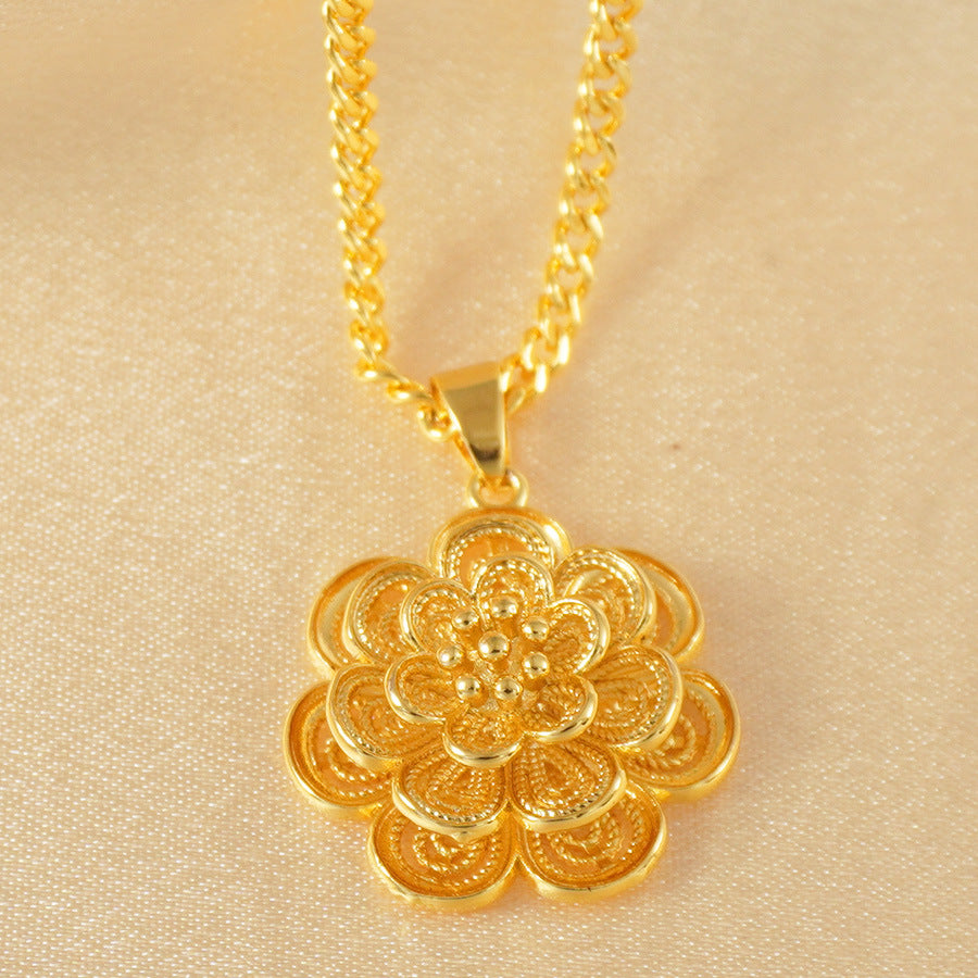 Middle eastern elegant style 2-piece jewelry set, luxurious gold-plated copper floral pendant necklace and earrings