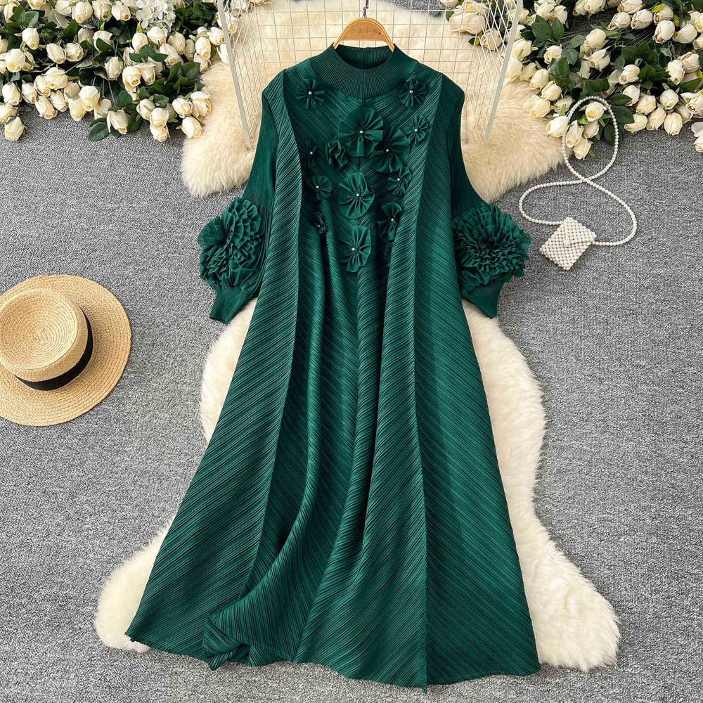 Miya pleated dress - spring  collection: high-end beaded, 3d floral, lantern sleeve, loose fit, pleated maxi dress