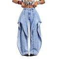 Fashionjeans women's light blue snowflake washed fake two-piece ribbon wide-leg pants american hot girl high waist deconstructed style
