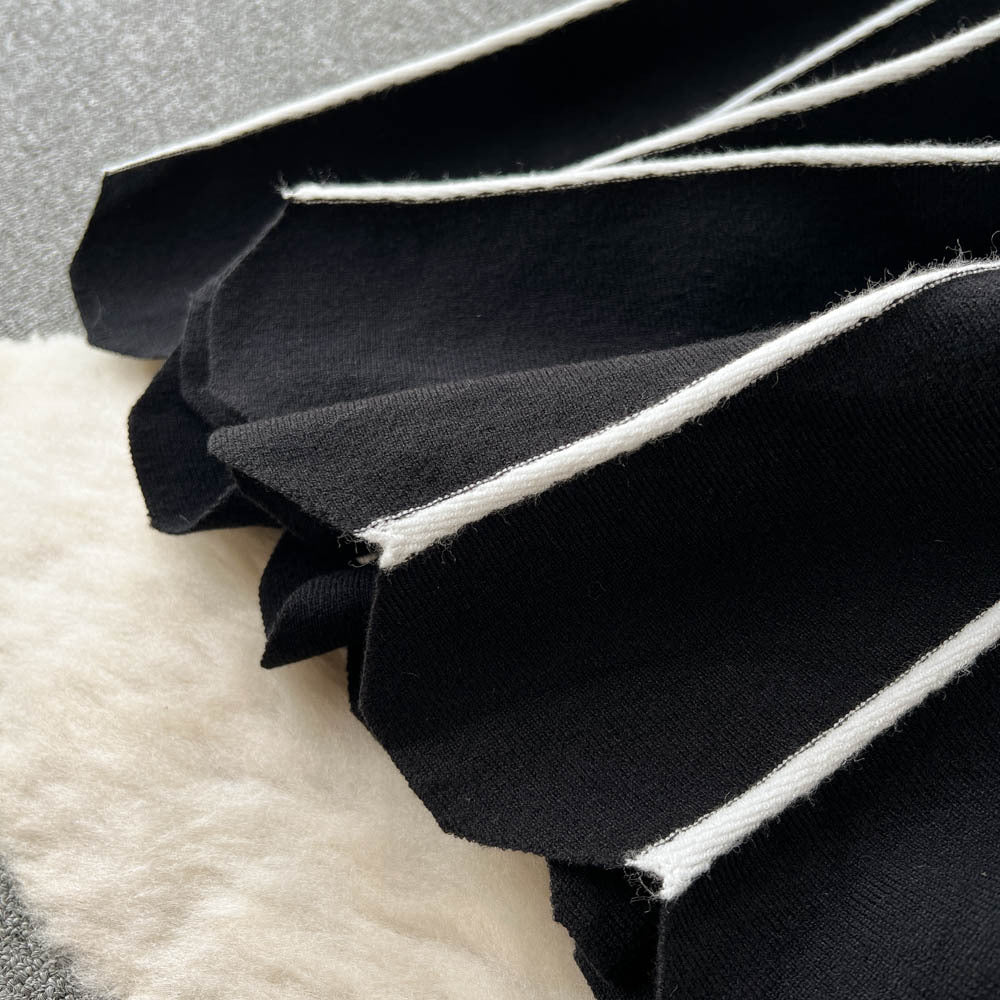 Fall and winternew arrivalhigh collarthickened inner layer bottomsense of designstripespleated knittingdress women's knee-length long skirt trendy