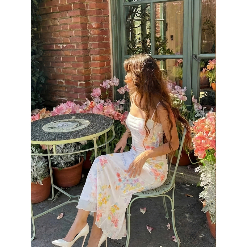 Women's summer new french elegant romantic mesh floral print slim fit waist-cinching camisole midi dress