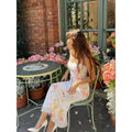 Women's summer new french elegant romantic mesh floral print slim fit waist-cinching camisole midi dress