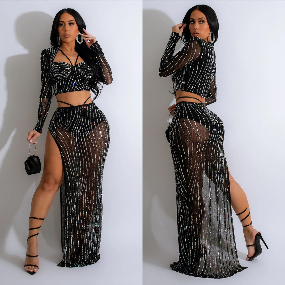 C6861 cross-border   fashion women's solid color mesh rhinestone long sleeve maxi dress two-piece set