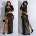 C6861 cross-border   fashion women's solid color mesh rhinestone long sleeve maxi dress two-piece set