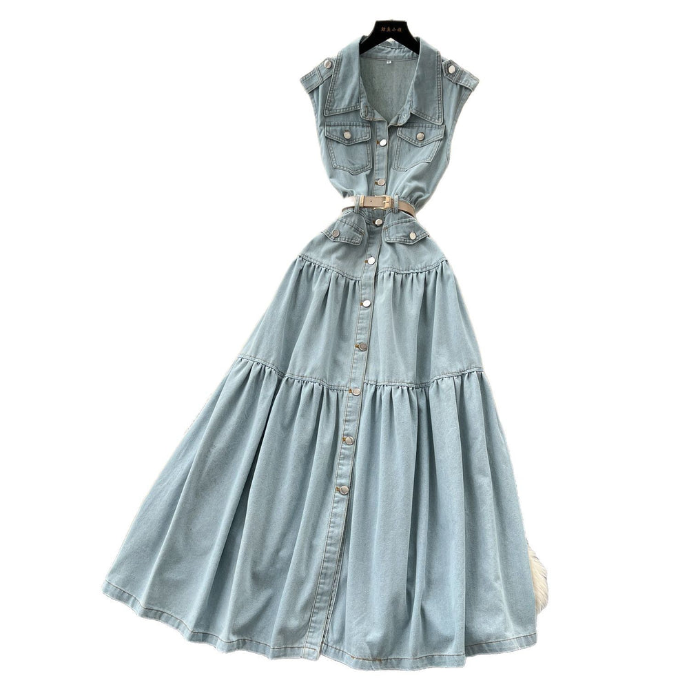 Sophisticated & chic: sleeveless denim maxi dress with metal buckle collar - a unique, high-end piece for women's summer casual wear