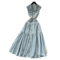 Sophisticated & chic: sleeveless denim maxi dress with metal buckle collar - a unique, high-end piece for women's summer casual wear